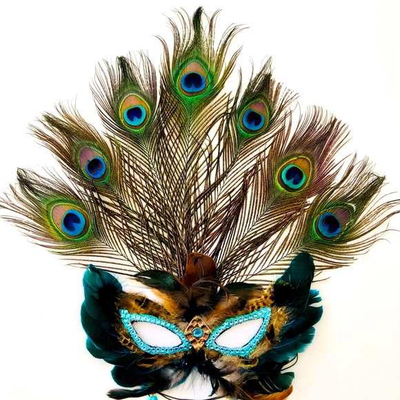 Beaded eye mask grn ostrich feathers Carnevale Masquerade Mardi Gras Halloween - Picture 15 of 16